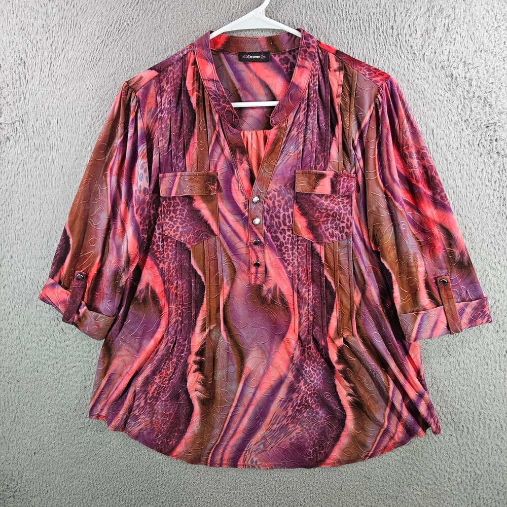 Cocomo Womens Abstract Animal Print 3/4 Sleeve Button Tab Blouse Pink Purple L